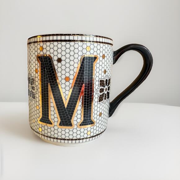 Anthropologie Mug Cup Margot Gold Tile Mosaic Monogram Letter M Honeycomb - Picture 4 of 5